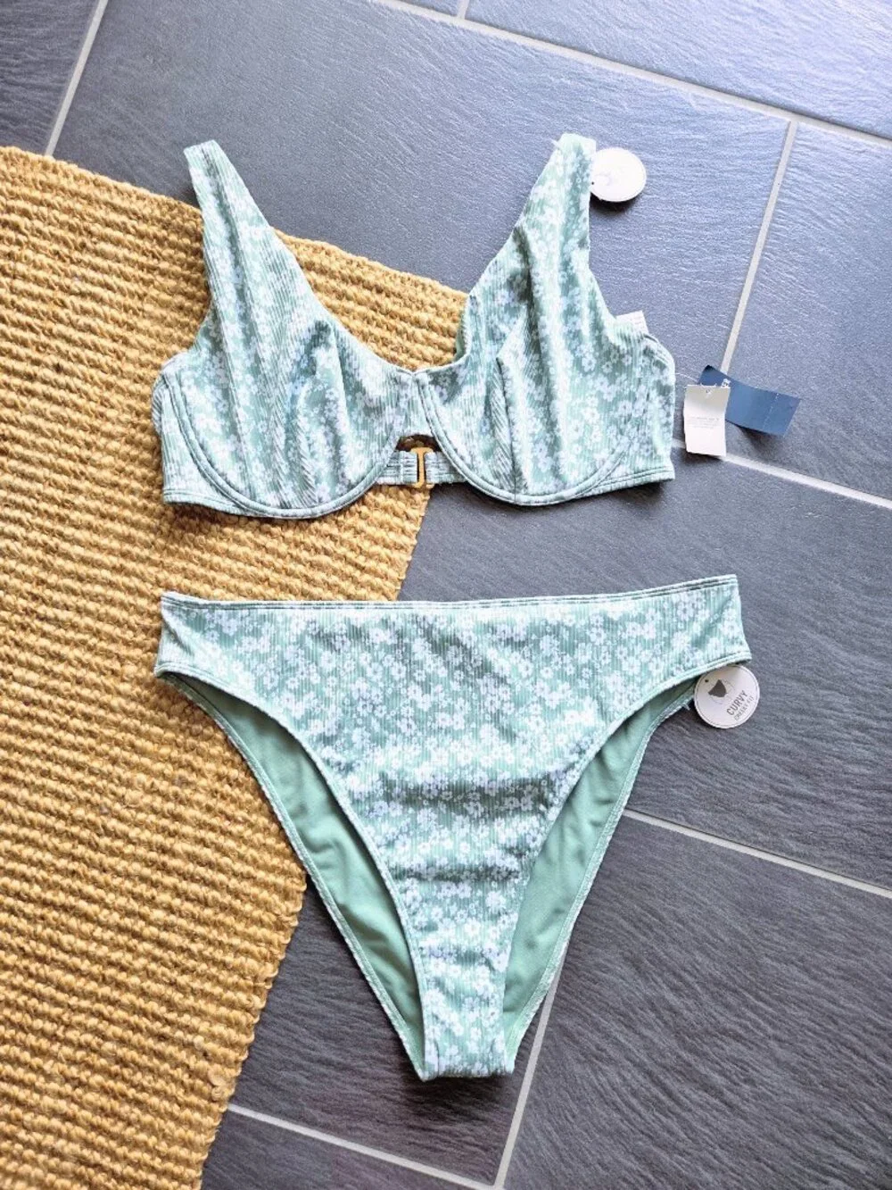 Hollister Green Rib White Floral Curvy Cheeky Fit Bikini Set XXL - New with Tags